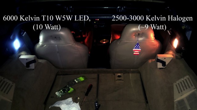 Bagageutrymme (Coupe) skillnad mellan en 6000k LED (10W) och en ~3000k halogen (~9W)